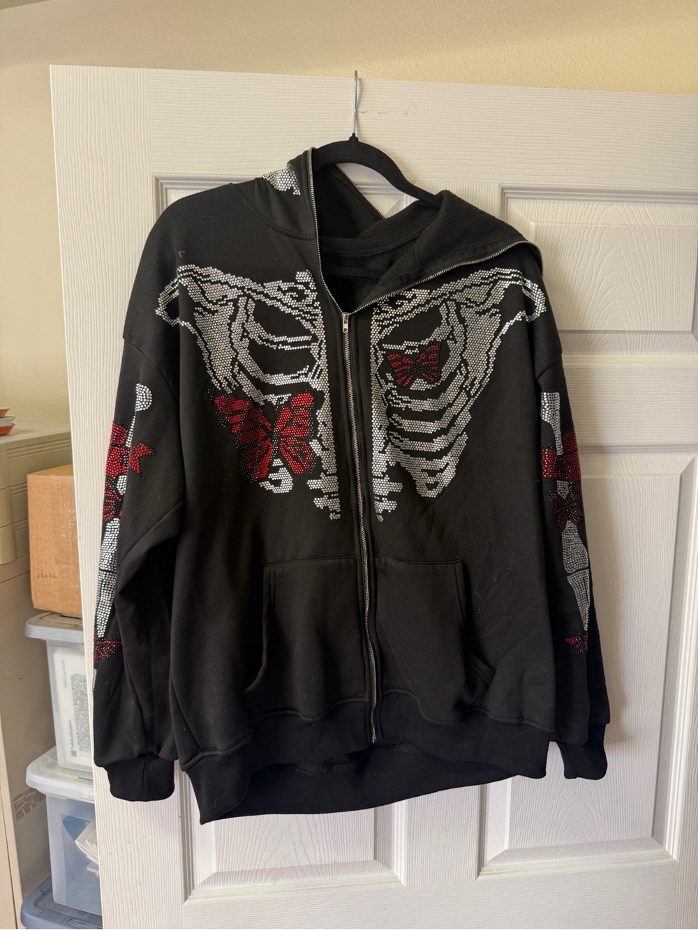 Y2K Oversized Skeleton Rhinestone Zip Hoodie Red Butterfly Skull-size M